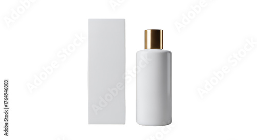 White cosmetic bottle and box isolated on transparent background mockup of beauty product for skincare, lotion, shampoo, cream, gel, tonic, balm packaging design template
