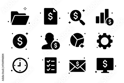 Salary Transparency Icons. Salary Transparency. Solid icons set of Salary Transparency: open folder, document, magnifying glass, bar chart, dollar sign,