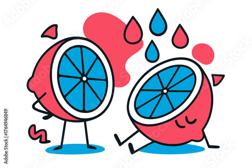 Geometric Lemon Abstract. Sliced Lemon. Lemon halves with zest and floating abstract geometric juice droplets, fresh and citrusy scene. Modern flat-line