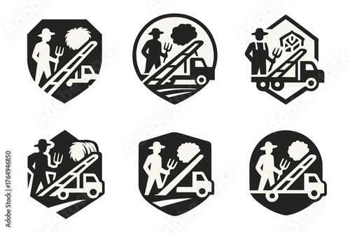 Hay Loading Logos. A farmer loading hay onto a truck to deliver to market. Set Logo of A farmer loading hay onto a truck to deliver to market: hay elevator
