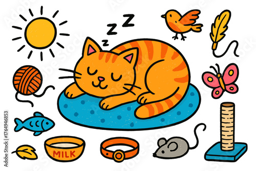 Colorful Cat Doodle. sleeping cat. Colorful Hand-drawn doodle Children illustration sleeping cat cushion, tail, whiskers, ears, paws, sunbeam, yarn ball, fish,