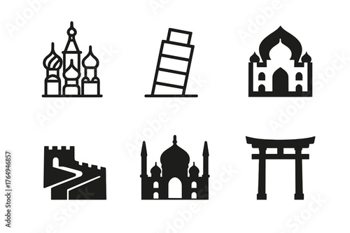 Minimalist Eurasian Landmarks. Eurasia. Set Logo of Cultural Landmarks: Minimal outline, Abstract geometric, Negative space, Flat solid, Symmetrical form,