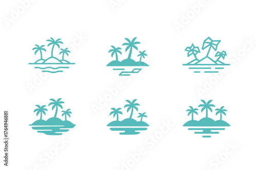 Island Logo Variations. Island hopping and tropical vacation spots. Set Logo of Island hopping and tropical vacation spots: a chain of islands with palm trees