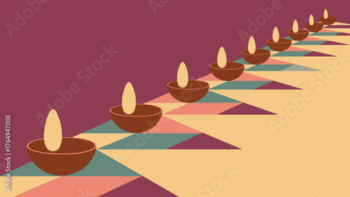 A row of lit diyas on a patterned surface with a maroon background in a digital illustration