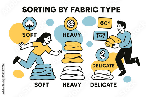 Fabric Sorting Icons. Sorting by Fabric Type. Cotton, wool, and silk icons hover beside piles labeled ?Soft / Heavy / Delicate.? Floating tags represent