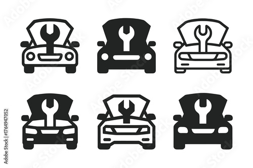 Car Logo Variations. Car mechanics working on engines. Set Logo of under-the-hood: car with raised hood and wrench. Icon set. harmonious logo variations of the