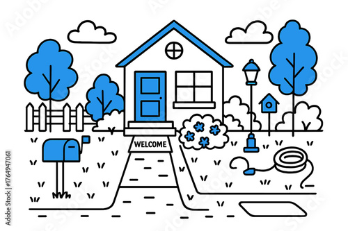 Front Yard Doodle. // Front yard. Hand-drawn doodle illustration Front yard [house facade (accented), front door, window, porch steps (accented), walkway path,