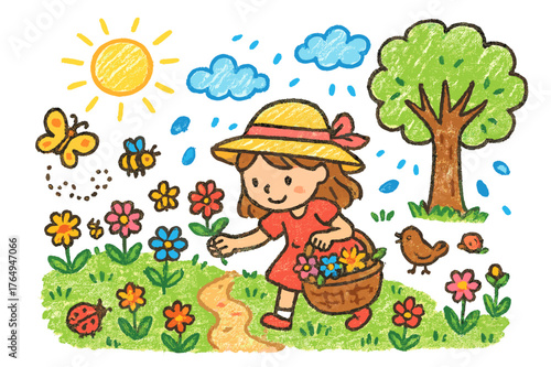 Flower Picking Adventure. flower picking. Colorful Hand-drawn doodle Children illustration flower picking girl, basket, flowers, grass, sun, butterfly, tree,