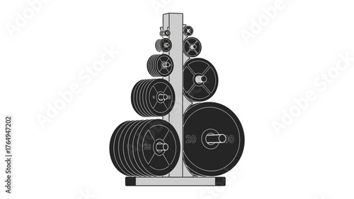 Fitness Equipment Display: A sleek, organized weight rack proudly presents an assortment of weight plates, reflecting a commitment to physical fitness and strength training.