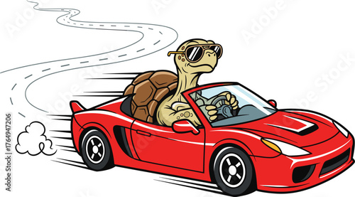 Cartoon turtle driving fast car, humorous speed illustration, sunglasses expression, red sports vehicle, motion lines, playful character, white background