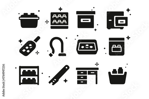 LEGO Storage Icons. LEGO Storage and Organization. Solid icons set of LEGO Storage and Organization: storage bin, color sorter, labeled box, small drawer,