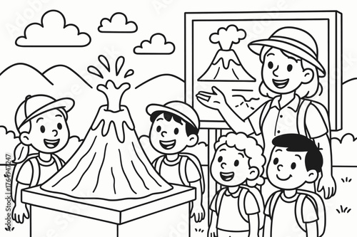Volcano Field Trip. Volcano field trip children?s coloring book illustration, outlined drawing, cheerful kids with a guide looking at a model volcano and map