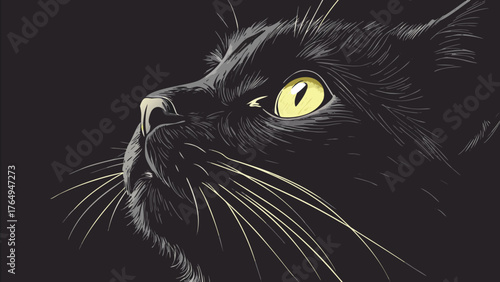 Black Cat Profile Illustration with Yellow Eye