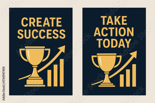 Motivational Banners. Create success. Two vertical A6 banners with safe margins, centered composition, no elements touching edges, bold, navy and gold, objects