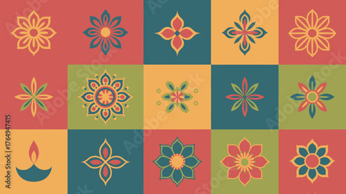 Colorful floral pattern with different shapes and colors on a checkered background design style