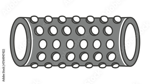 Perforated Cylinder: A detailed illustration captures a cylindrical form riddled with precisely placed perforations, rendered in a grayscale palette.