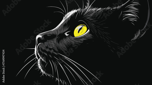 Black Cat Profile Illustration High Contrast Yellow Eye Artwork