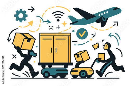 Automated Cargo Movement. Air freight terminals. Cargo handling robots moving packages; abstract floating icons, lines, and arrows indicate automation and