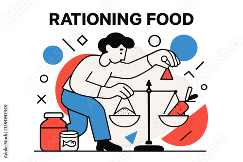 Precision Food Rationing. Rationing Food. Person using scales to divide ingredients with floating abstract geometric shapes, precise and careful scene. Modern