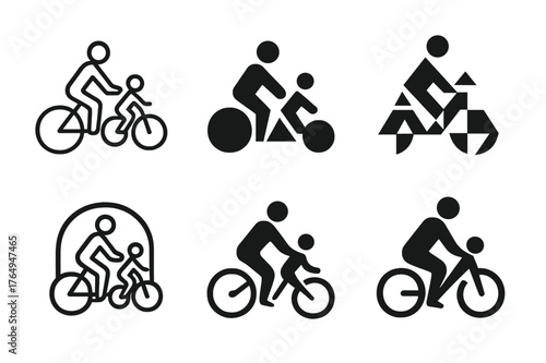 Family Biking Logos. Family biking. Set Logo of Family biking: parent and child on bikes. harmonious logo variations of the same emblematic concept, each with