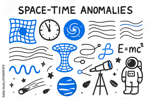 Space-Time Anomalies Doodle. // Space-time anomalies. Hand-drawn doodle illustration Space-time anomalies [twisting grid (accented), clock (accented), black
