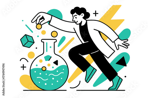 Catalyst in Action. Catalyst. Person dropping a catalyst into a solution with floating abstract geometric shapes and glowing accents, experimental and dynamic