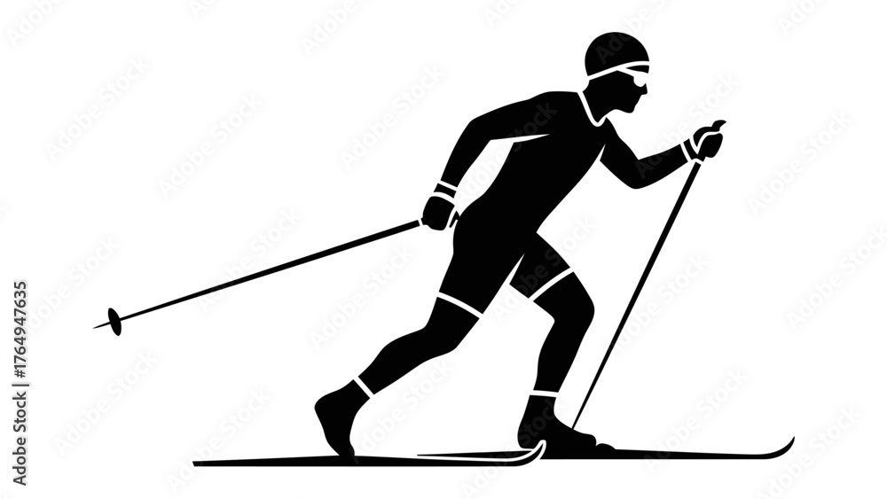 Fototapeta premium Cross-Country Ski Silhouette: A dynamic silhouette captures a cross-country skier in full stride, gliding effortlessly across the snowy expanse with focused determination.