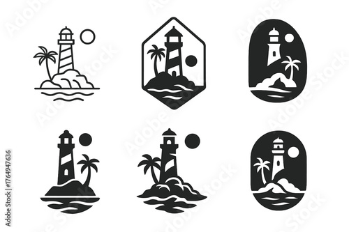 Tropical Island Logos. Island hopping and tropical vacation spots. Set Logo of Island hopping and tropical vacation spots: a lighthouse standing on a rocky