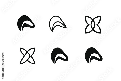 Harmonious Curve Logos. Curve smoothing. Set Logo of Curve smoothing: overlapping curves merging into a unified path. harmonious logo variations of the same