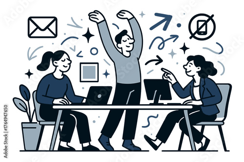 Digital Detox Environment. Digital detox for employees. Office room with devices turned off and abstract floating icons, arrows, and sparkles; conveys mental