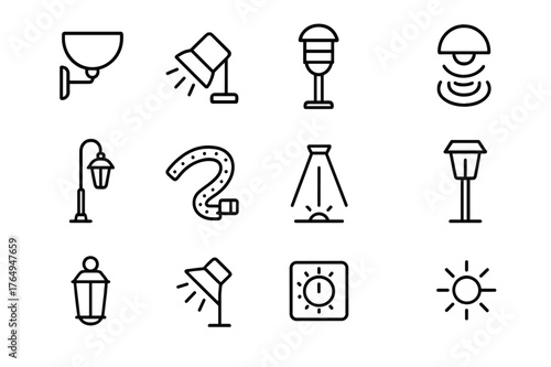 Exterior Lighting Icons. Exterior Lighting. Line icon set of Exterior Lighting: wall sconce, spotlight, garden light, motion sensor, street lamp, LED strip,