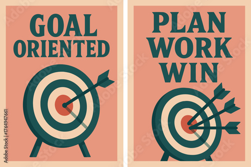 Goal-Oriented Banners. Goal oriented. Two vertical A6 banners with safe margins, centered composition, no elements touching edges, retro, pink and teal,