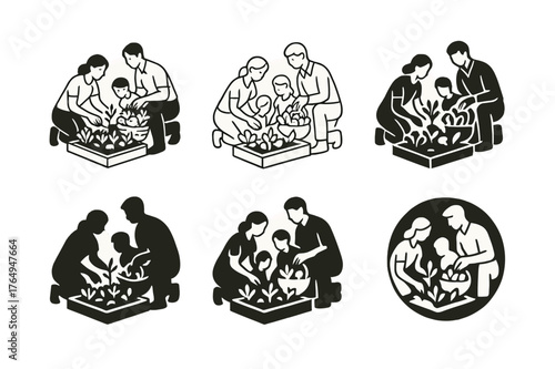 Family Gardening Logos. A family spending time outdoors, tending to their garden or yard. Set Logo of A family spending time outdoors, tending to their garden