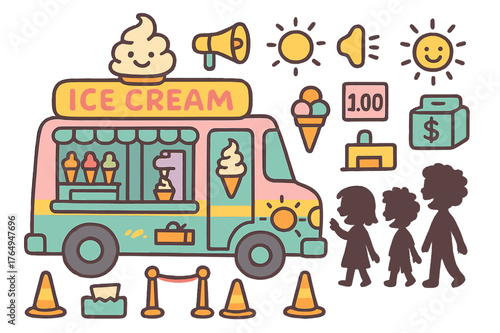 Colorful Ice Cream Truck. Ice cream truck. Colorful Hand-drawn doodle Children illustration Ice cream truck pastel truck, serving window, jingle speaker, price