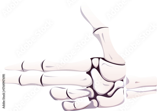Halloween skeleton vector hand pointing gesture, isolated bone joints and knuckles emphasize spooky effect. Halloween party sign or horror tattoo and scary event decoration of skeleton hand gesture