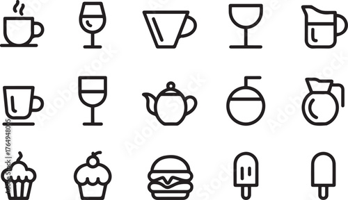 Collection of drink and food outline icons simple line art style transparent background