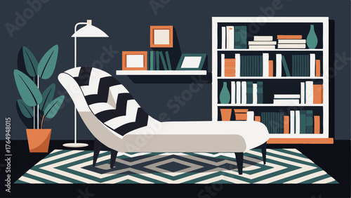 A cozy reading nook with a black and white patterned rug a white chaise lounge and a floortoceiling bookshelf.
