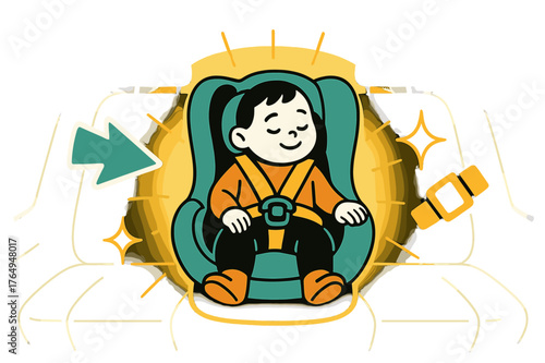 Child's Safe Travels. Rear seat view. Wide glowing perspective of car interior highlighting child?s safety seat. Floating icons of arrow, buckle, and sparkle