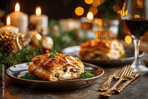 Golden mushroom puff pastry for elegant French Christmas celebration