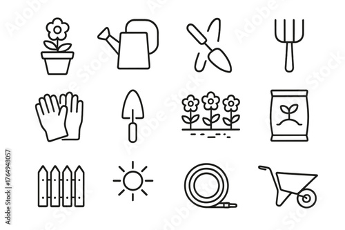 Backyard Gardening Icons. Backyard gardening. Line icon set of backyard gardening: flower pot, watering can, trowel, rake, gloves, shovel, blooming flowers,