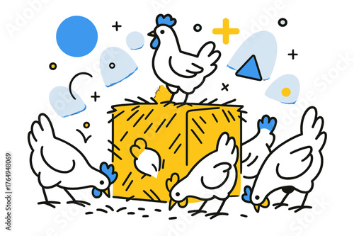 Geometric Chicken Farm. Poultry Farm. Chickens pecking around hay bales with floating abstract geometric shapes and soft glowing accents, lively and productive