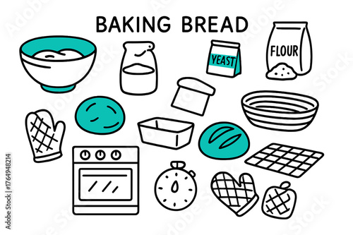 Bread Baking Essentials. // Baking bread. Hand-drawn doodle illustration Baking bread [mixing bowl (accented), flour bag, yeast packet (accented), water jug,