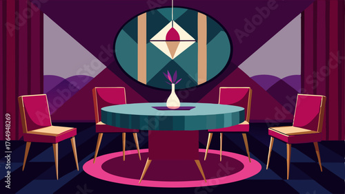 A dining room with a round table featuring a geometric mirrored top and velvet chairs in rich jewel tones.