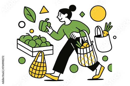 Eco-Friendly Shopping. Eco-Friendly Shopping Hauls. Shopper selecting fresh produce with floating abstract geometric shapes and reusable bags, eco-conscious