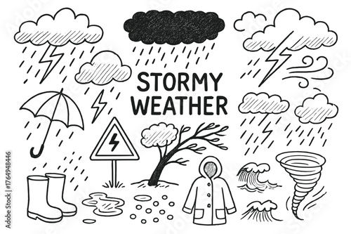 Stormy Weather Doodle. Stormy Weather. Hand-drawn doodle illustration Stormy Weather dark clouds, lightning, thunder, wind, rain, umbrella, storm warning sign,
