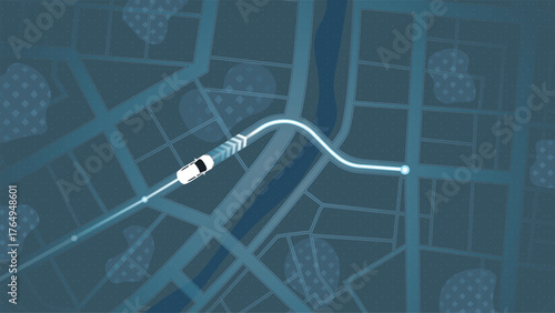 Car Following GPS Route on Digital City Map with Glowing Navigation Path. Vector illustration.