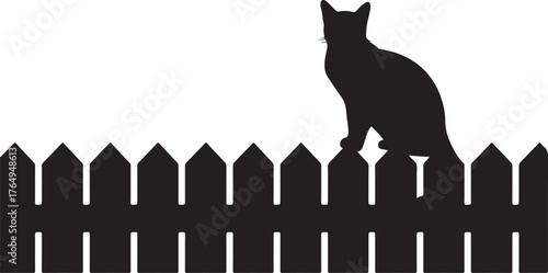 Black silhouette of a cat sitting on a picket fence against a white background animal