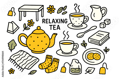 Cozy Tea Time. Relaxing tea. Hand-drawn doodle illustration teapot (colored), teacup (colored), steaming tea (colored), saucer (colored), teaspoon (colored),
