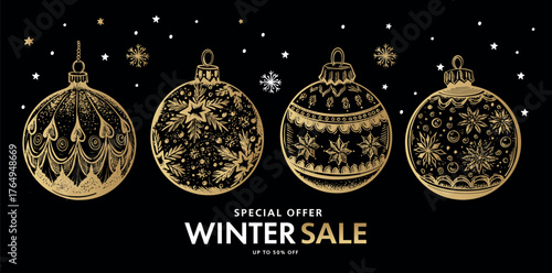 Winter sale, Christmas ball and star set on blue, Hand drawn illustration.	
