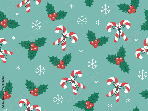 Vector seamless pattern with candy canes tied with a bow, holly leaves and berries, and snowflakes.